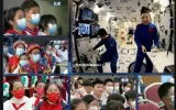 Astronauts aboard the future Chinese orbiting station module give a lecture from space